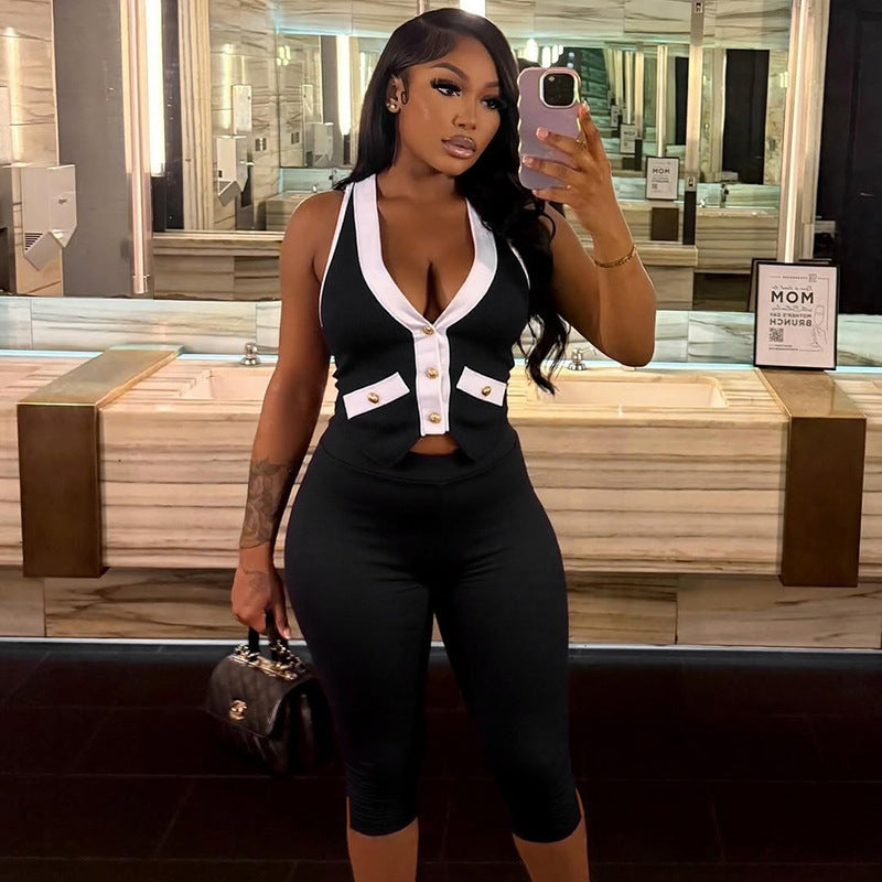 Women's Halter Neck Backless Jumpsuit Set