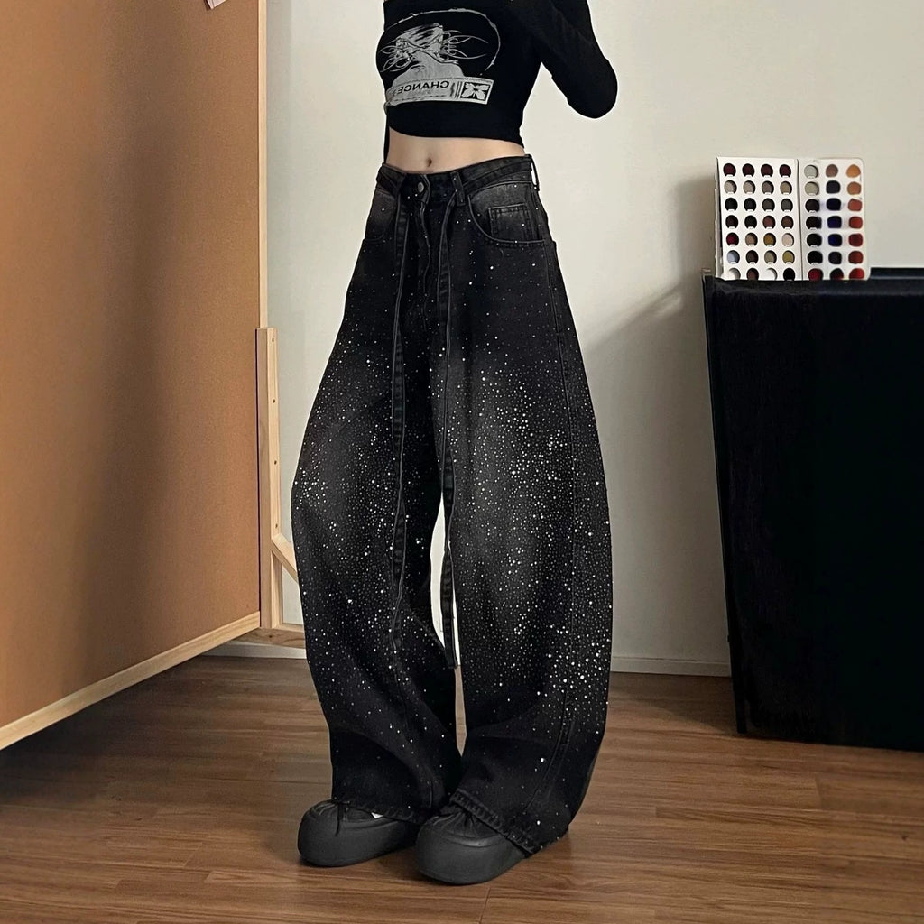 Womens High-Waisted Wide-Leg Rhinestone Jeans