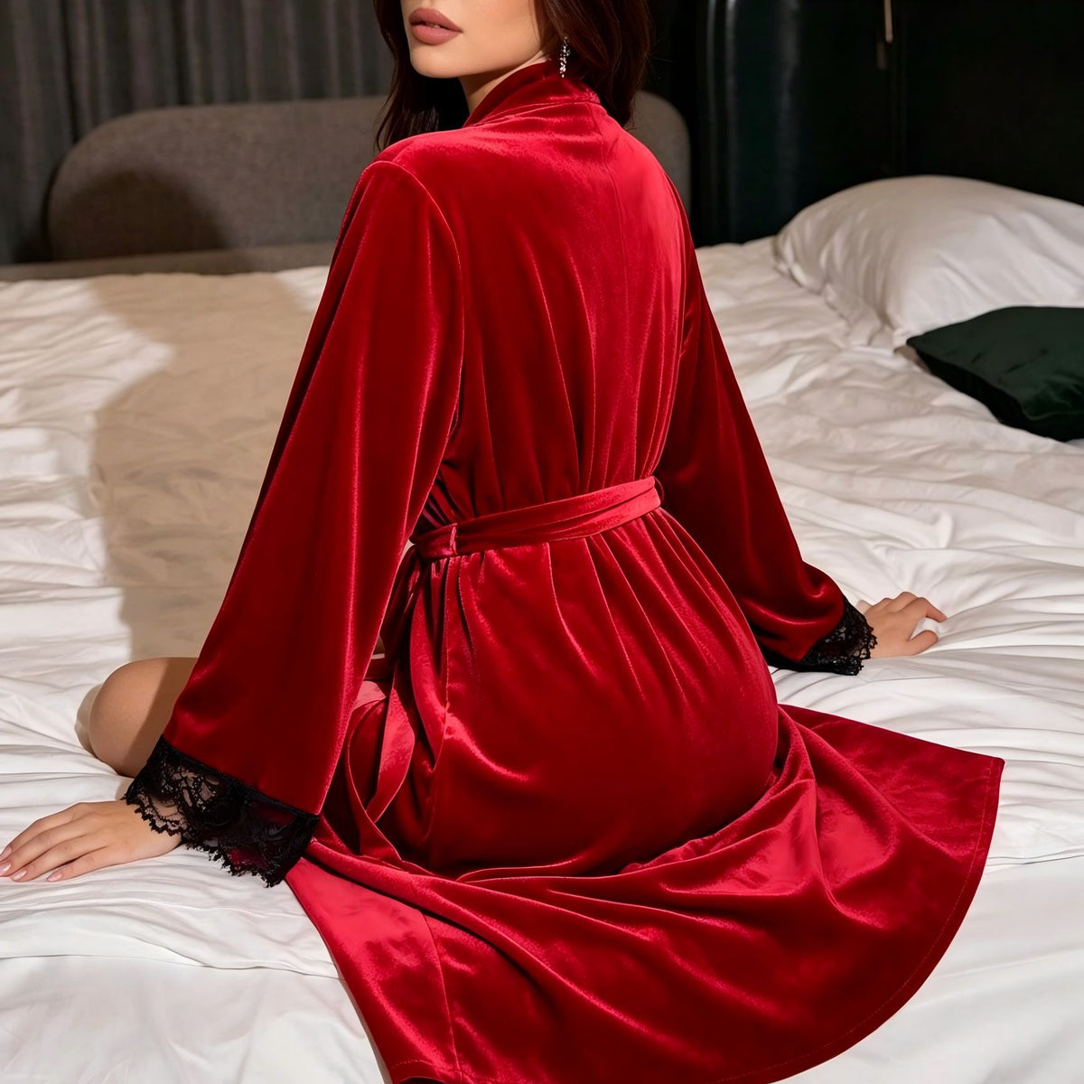 Women's Long Sleeve V-Neck Velvet Robe with Lace Trim