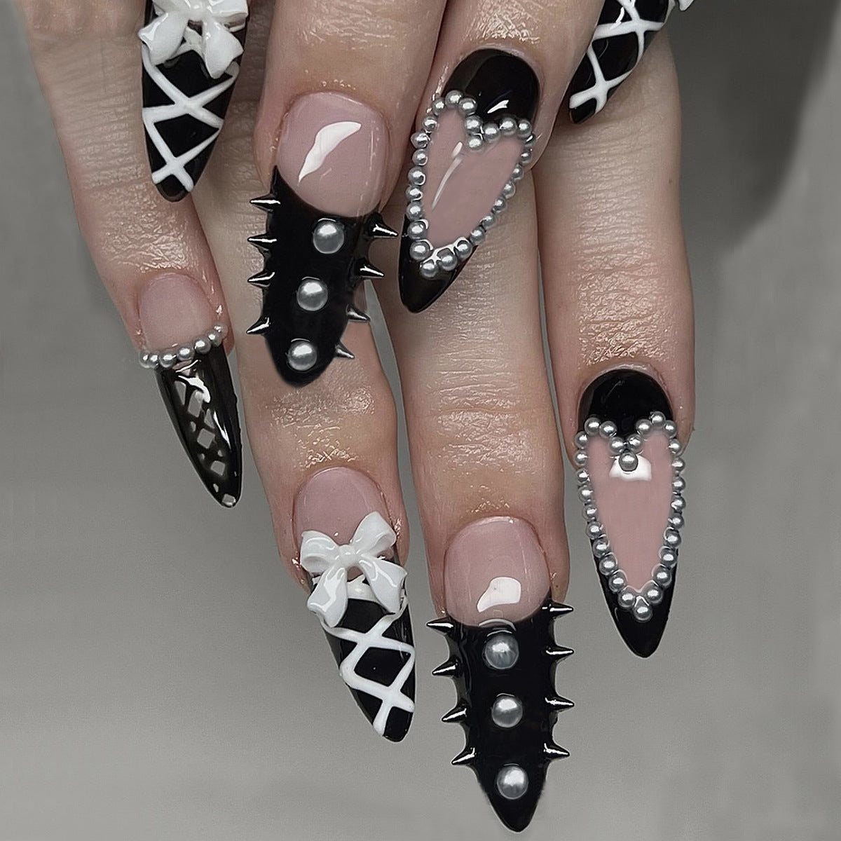 Almond-Shaped Press-On Nails with Heart Beads