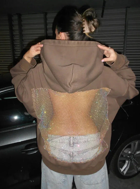 European style solid-color backless mesh-covered netted hooded pullover hoodie