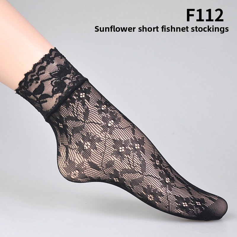 Women Hollow-Out Short Fishnet Socks Lace Trim Retro Style