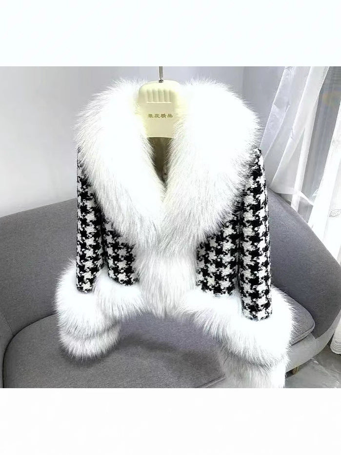 Womens Houndstooth Fur Collar Coat