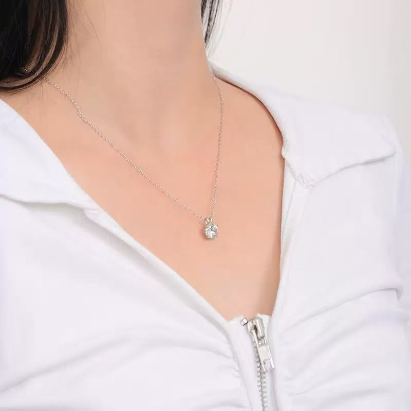 Sparkling Moissanite Pendant Necklace for Women Inlaid Single Diamond Compact Chain Silver Jewelry
