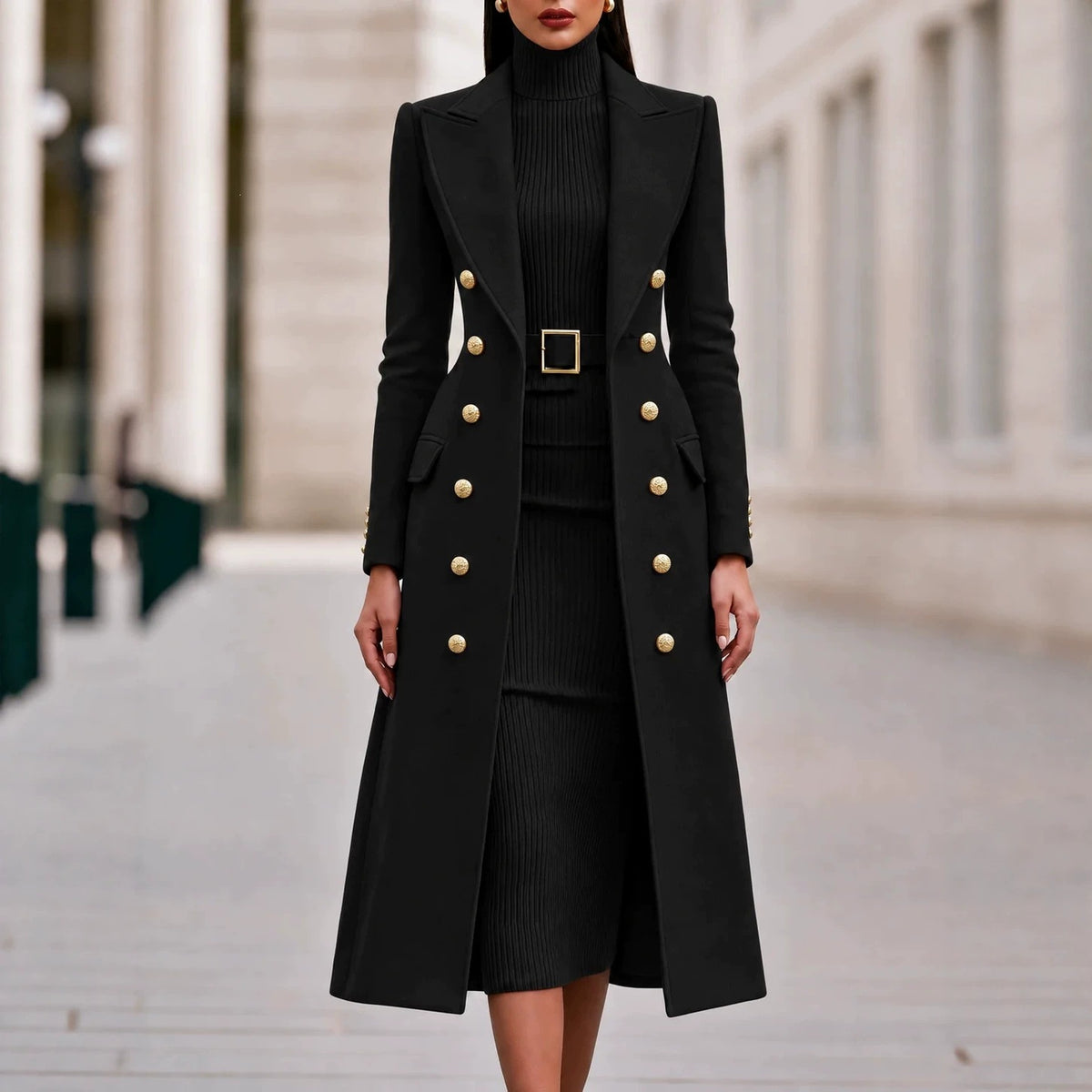 Women's Double-Breasted Woolen Coat and Knitted Dress Two-Piece Set