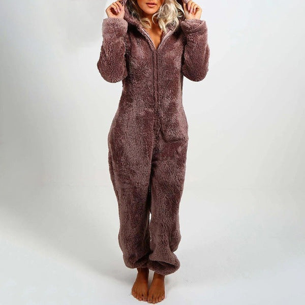 Thickened Furry Jumpsuit with Hood and Cat Ears Pajamas