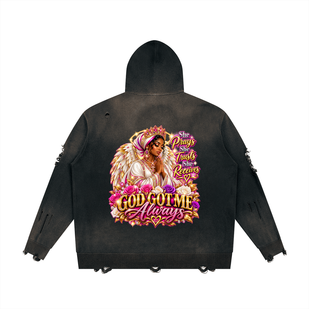 Beauty Slayer Unisex Distressed Full-Zip Knit Hoodie