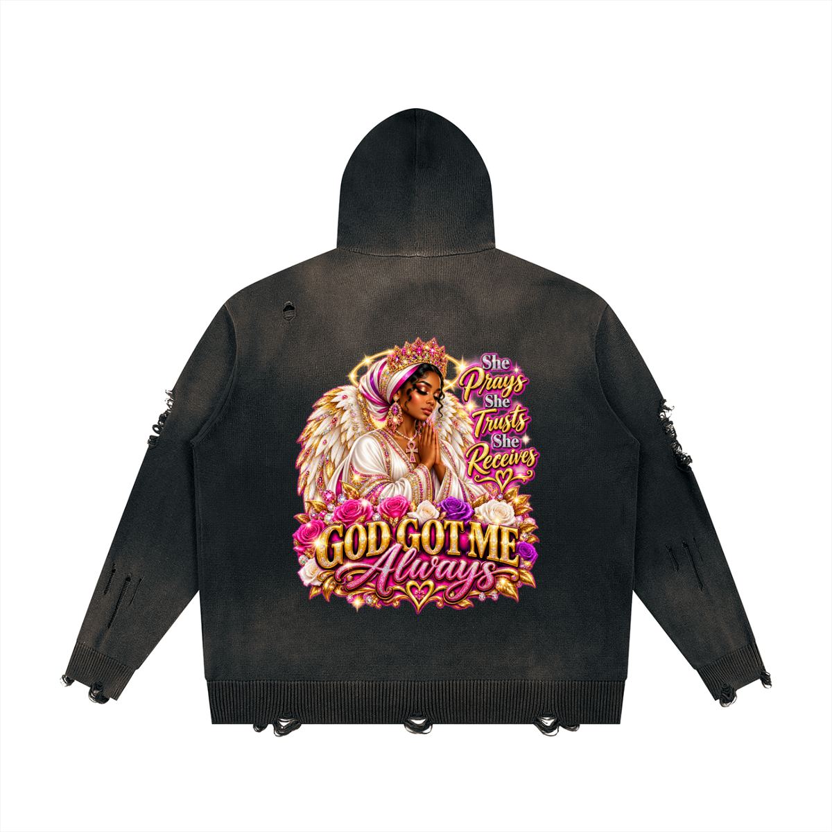 Beauty Slayer Unisex Distressed Full-Zip Knit Hoodie