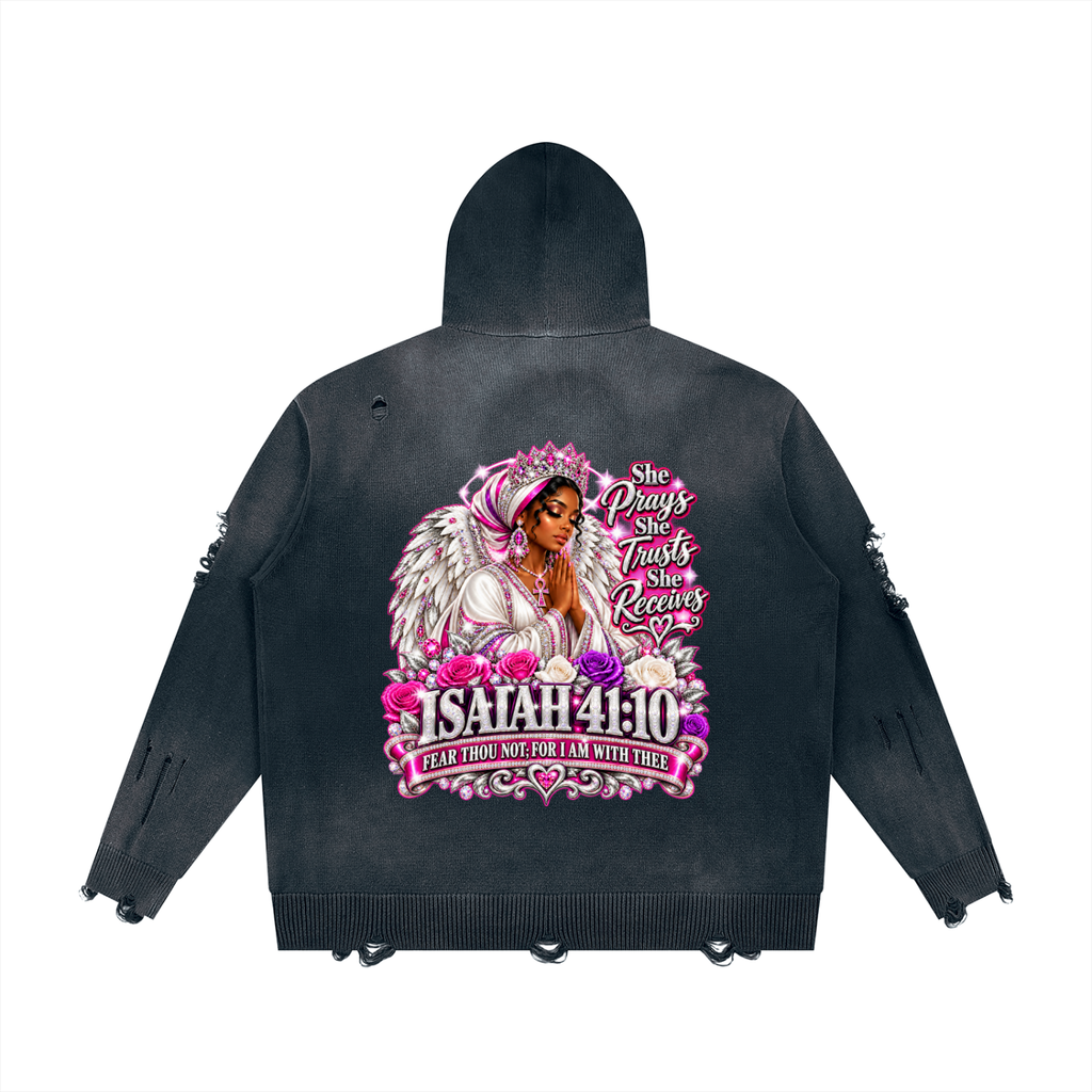Beauty Slayer Unisex Distressed Full-Zip Knit Hoodie