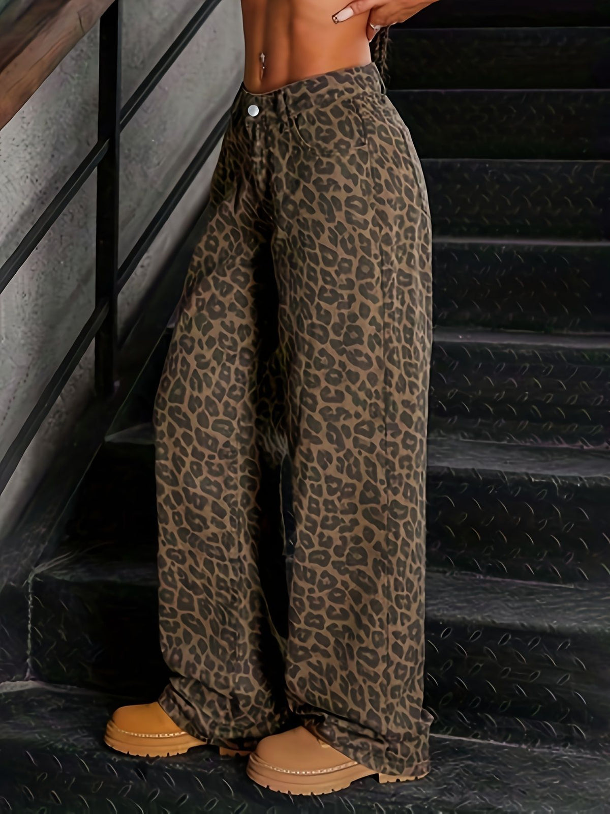 Leopard Print Vintage Washed High Waist Straight Denim Jeans