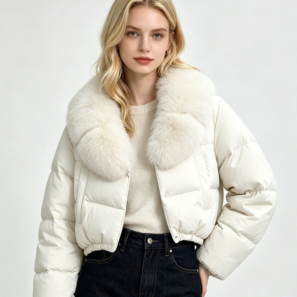 Women's Short Down Cotton Coat with Removable Imitation Fur Collar