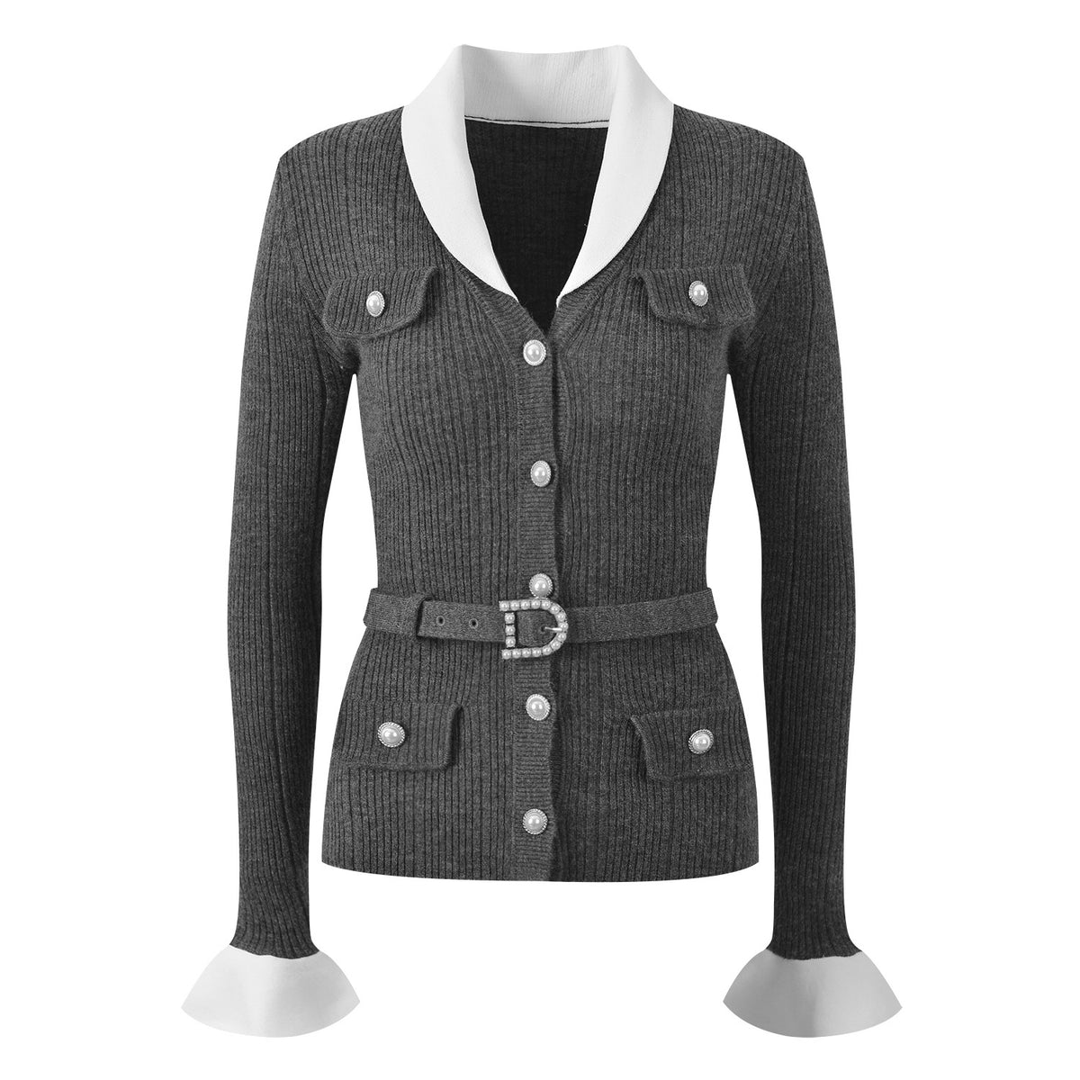 Women's V-Neck Jacquard Ribbed Knit Cardigan with Belt and Contrast Splicing