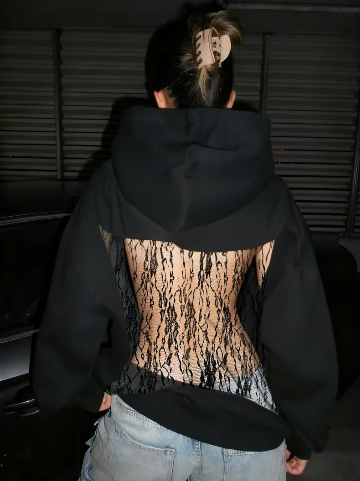 European style solid-color backless mesh-covered netted hooded pullover hoodie