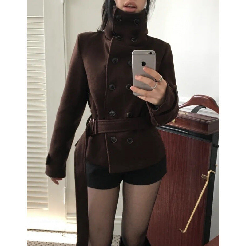 Winter New Slim Belt Double-breasted Woolen Jacket