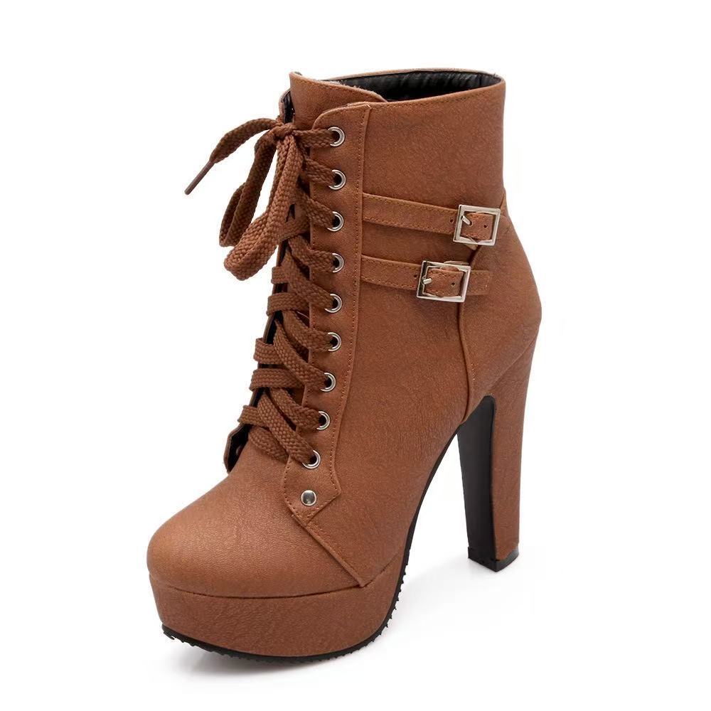 Women's Cross-Tie Martin Boots High Heel Platform Round Toe Ankle Boots