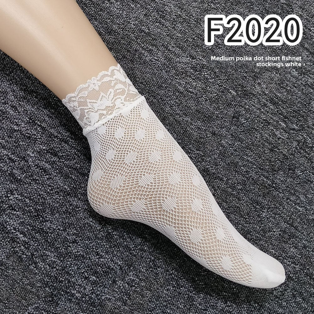 Women Hollow-Out Short Fishnet Socks Lace Trim Retro Style