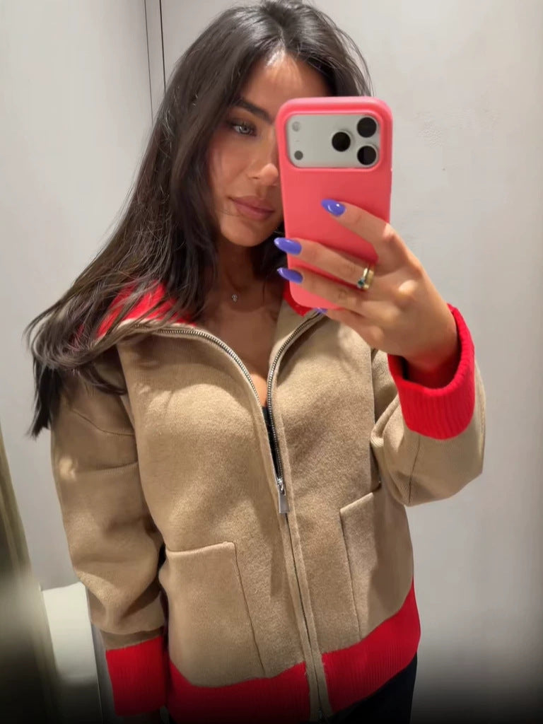 Women's Retro Patchwork Lapel Zipper Knit Cardigan