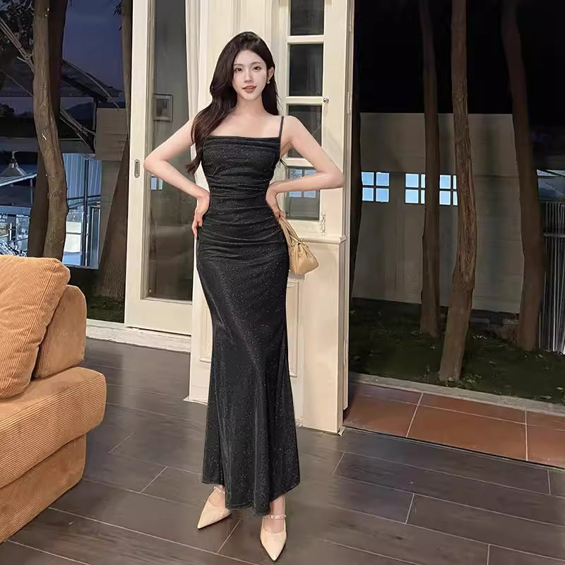 Women's Long Open Back Solid Color Sling Fishtail Dress