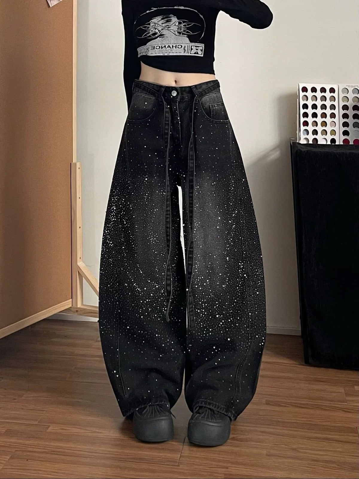 Womens High-Waisted Wide-Leg Rhinestone Jeans