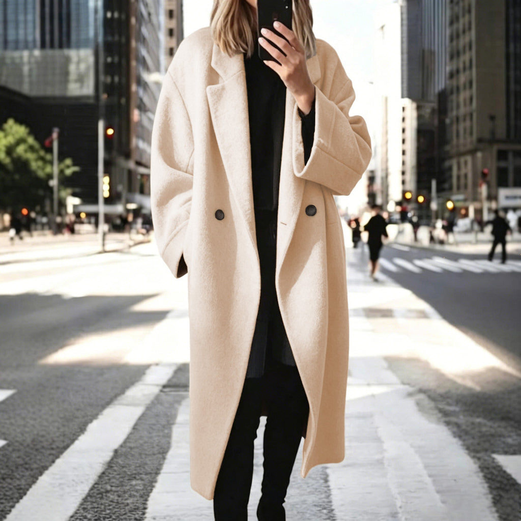 Women's Solid Color Long Wool Blend Trench Coat with Suit Collar