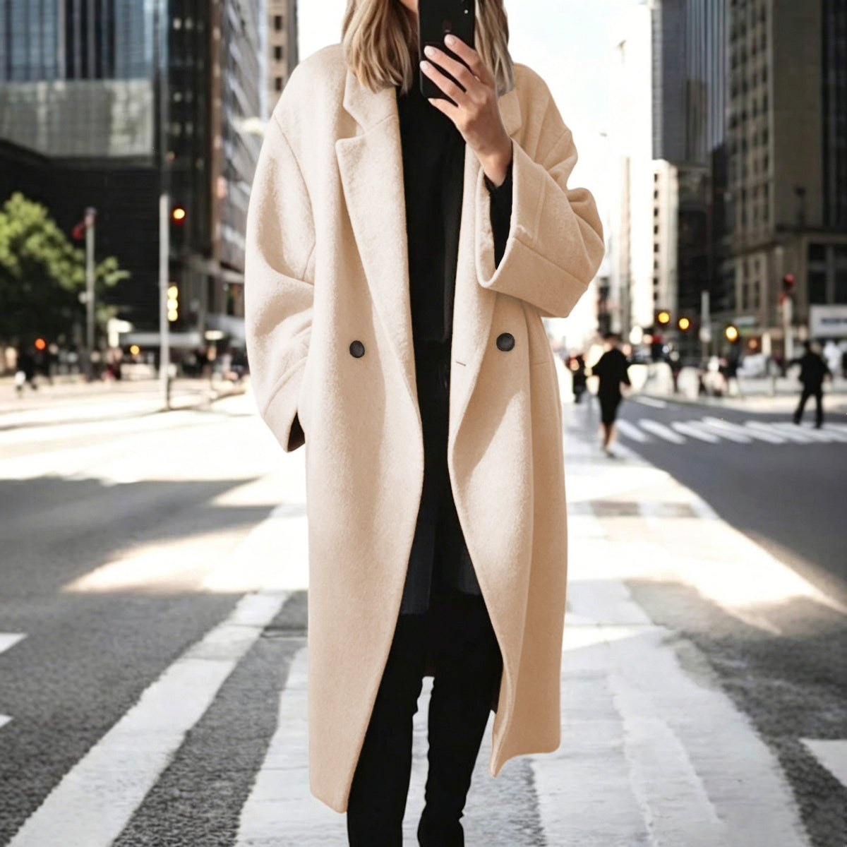 Women's Solid Color Long Wool Blend Trench Coat with Suit Collar