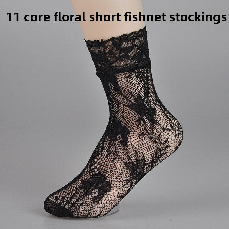 Women Hollow-Out Short Fishnet Socks Lace Trim Retro Style