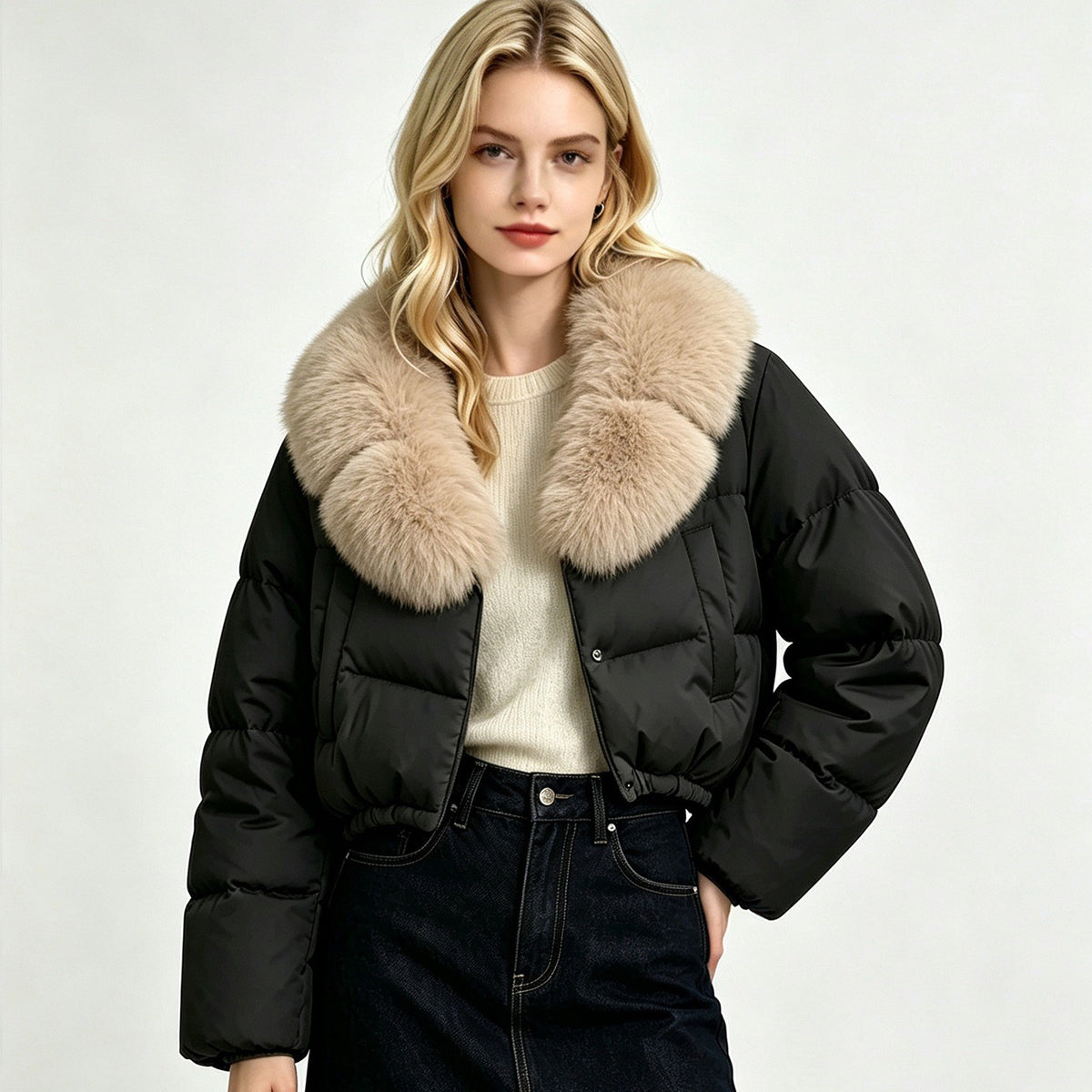 Women's Short Down Cotton Coat with Removable Imitation Fur Collar