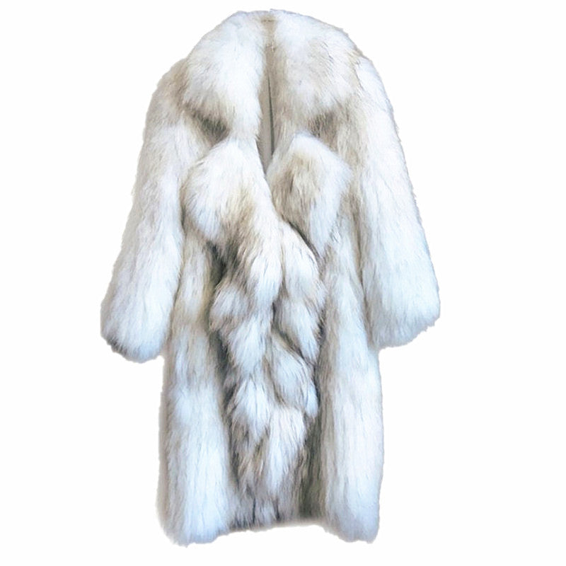 Women's Long Faux Fur Coat with Ruffled Hem and Fur Collar