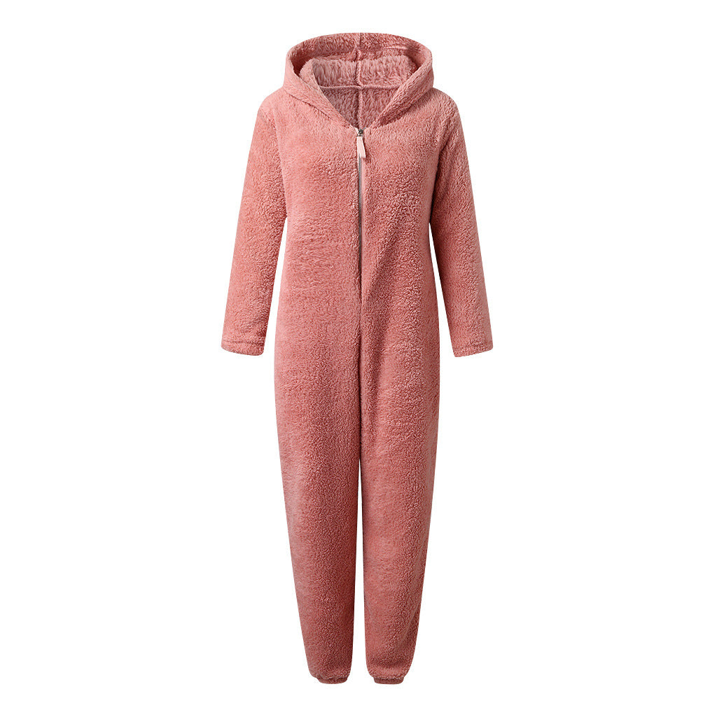 Thickened Furry Jumpsuit with Hood and Cat Ears Pajamas