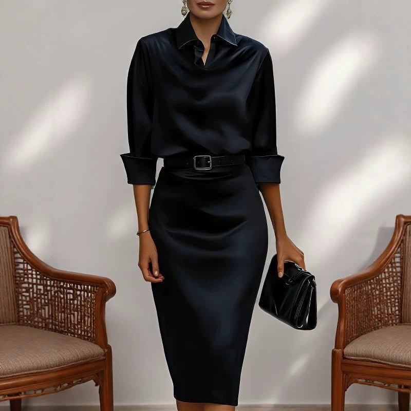 Women's Acetate Satin Long Sleeve Dress Slim Fit Shirt Collar Elegant Midi Dress
