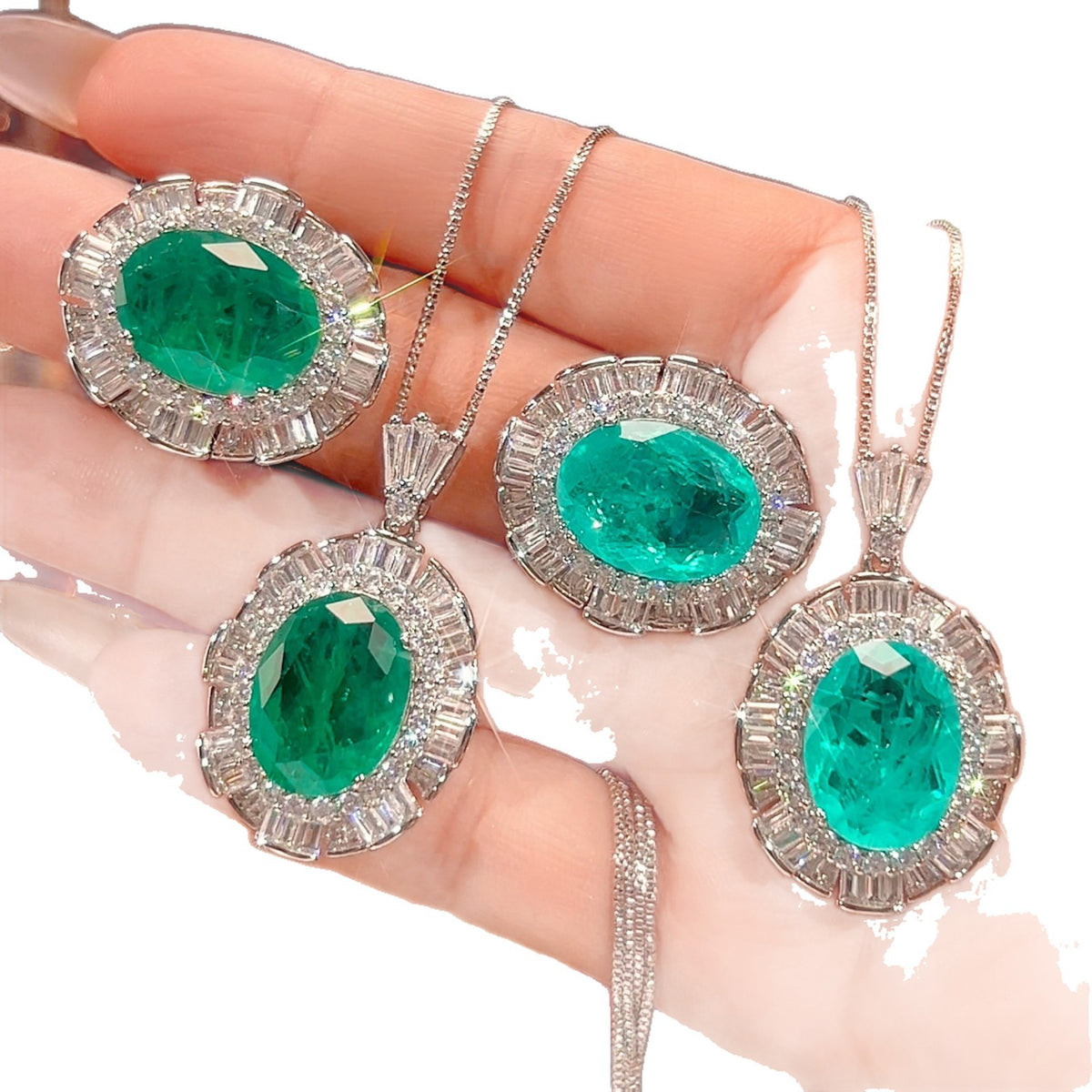 Simulated Emerald Paraiba Jewelry Set Copper-Based Light Luxury Women's Set