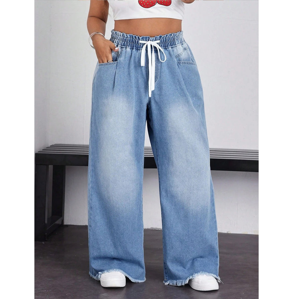 Women's Drawstring Wide Leg Jeans Distressed Raw Hem Trousers