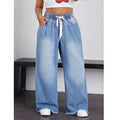 Women's Drawstring Wide Leg Jeans Distressed Raw Hem Trousers