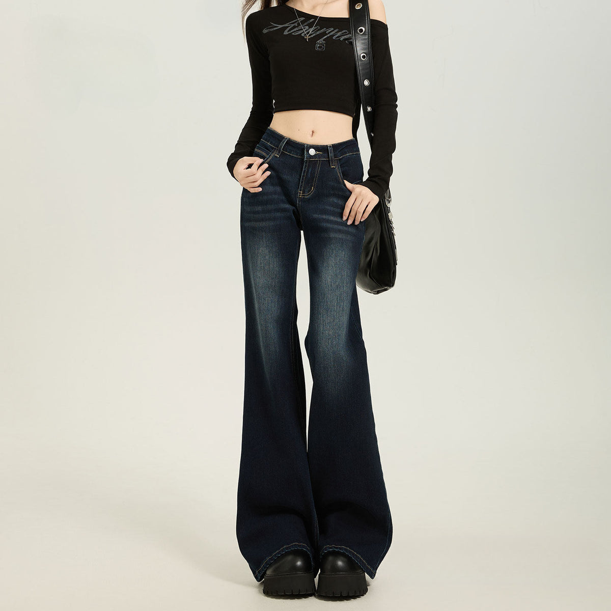 American Style Dark Blue Low Waist Flared Jeans for Women Slim Fit