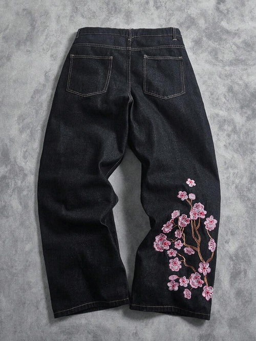 American Retro Cherry Blossom Embroidered Wide Leg Jeans for Men