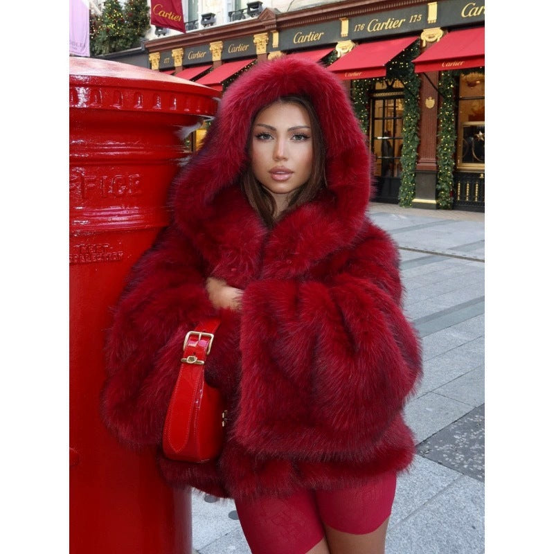 Women's Faux Fur Hooded Cloak Coat