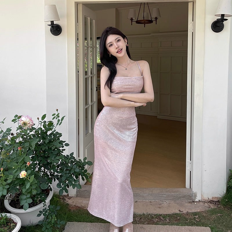 Women's Long Open Back Solid Color Sling Fishtail Dress