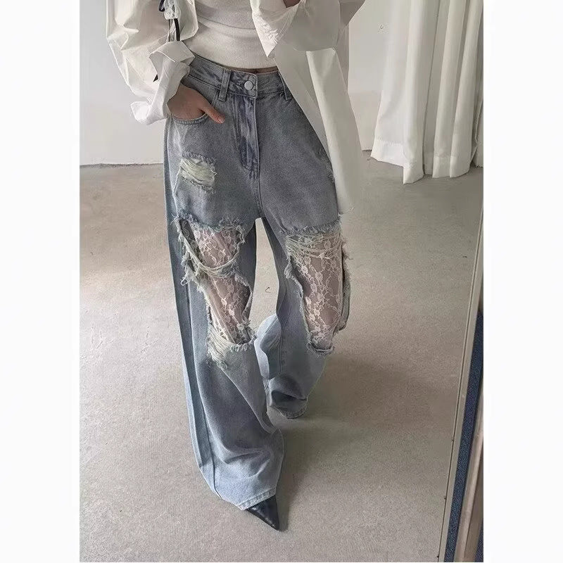 Retro Lace Stitched Wide-leg Women's Jeans
