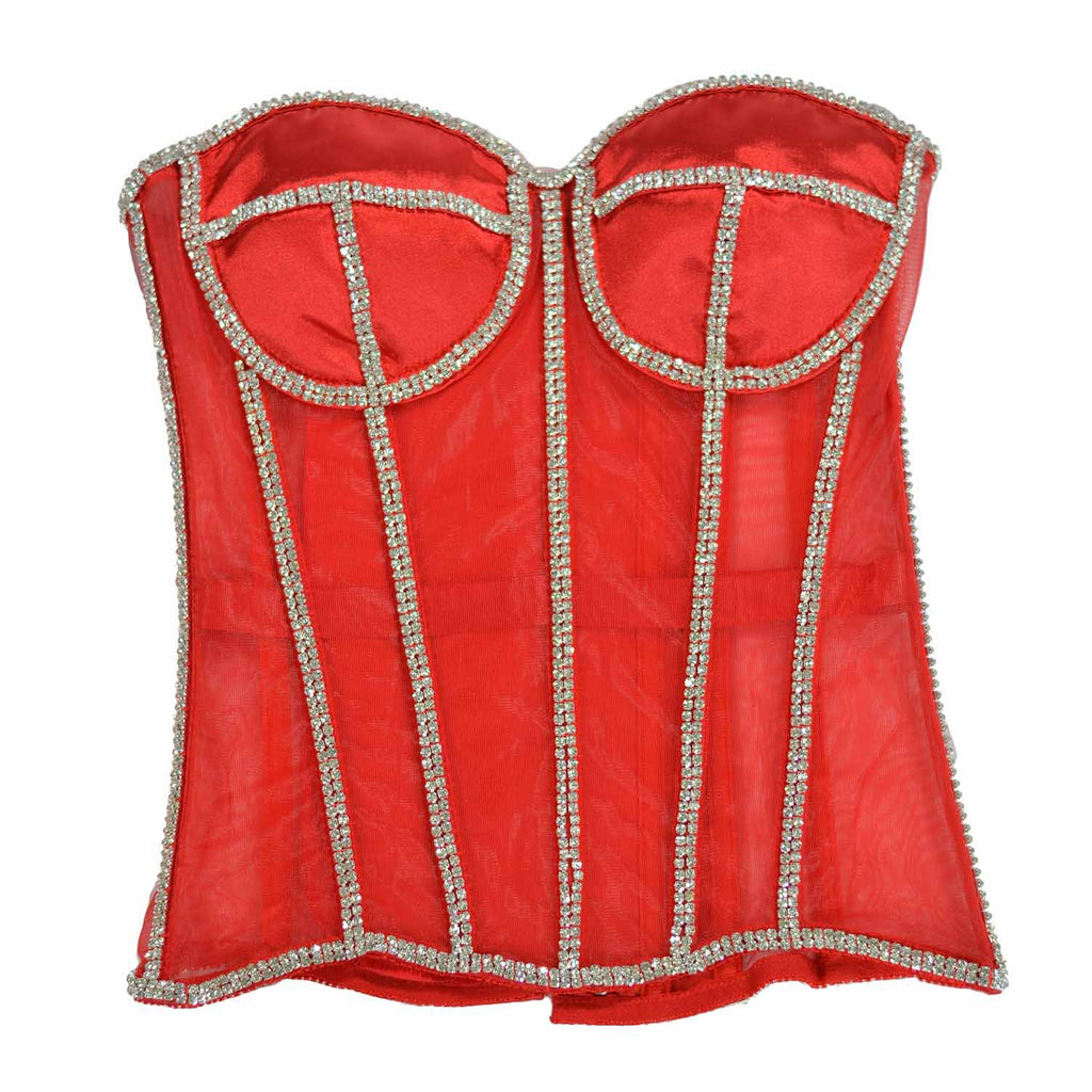 Adjustable Mesh Corset Bra with Diamond Decoration