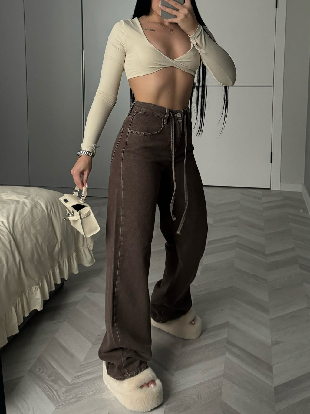 Coffee-colored high-waisted wide-leg jeans