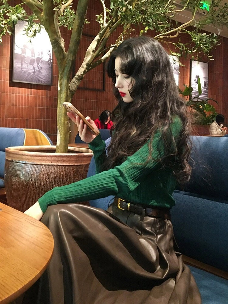 Elegant Two-Piece Knit Sweater and Faux Leather Skirt Set for Autumn