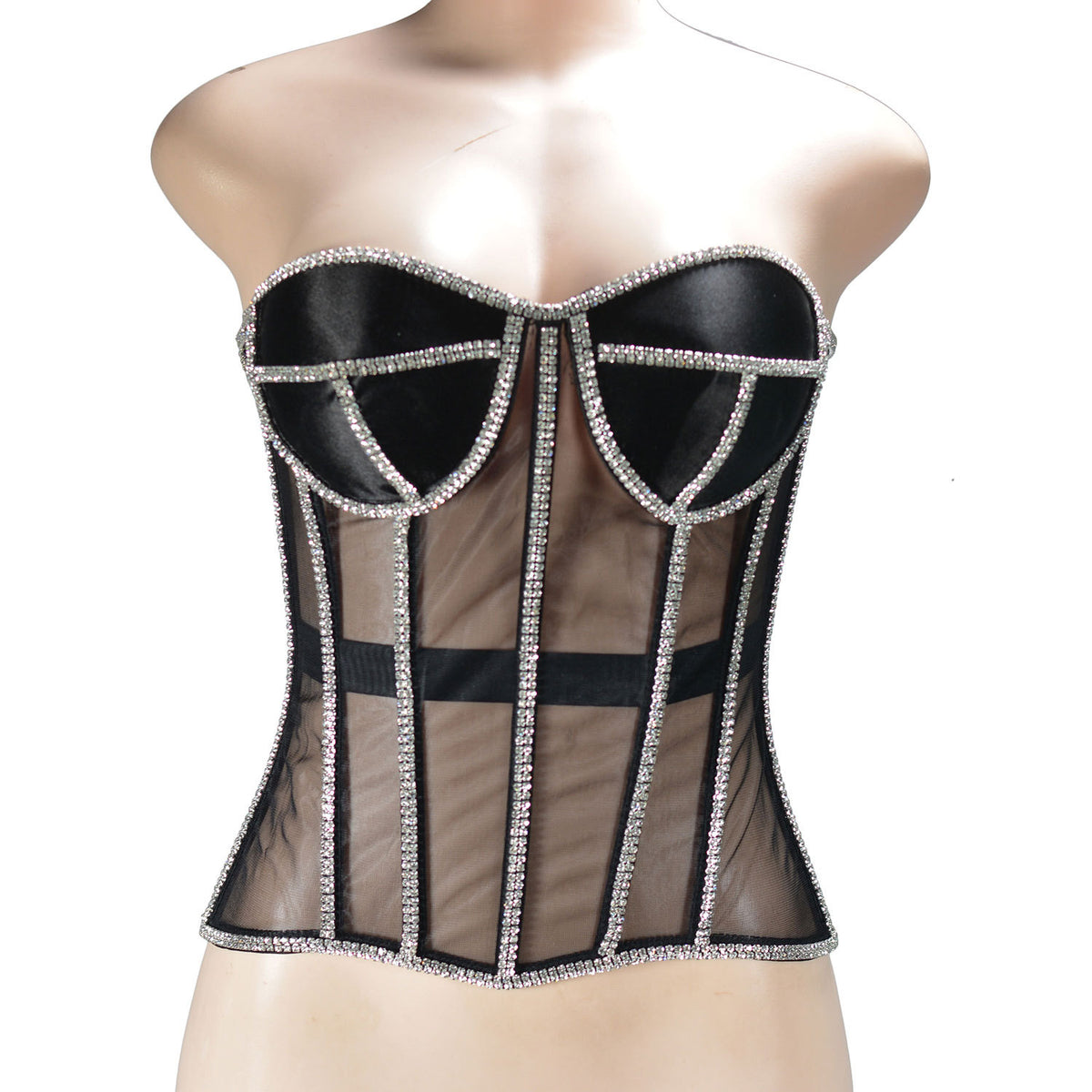 Adjustable Mesh Corset Bra with Diamond Decoration