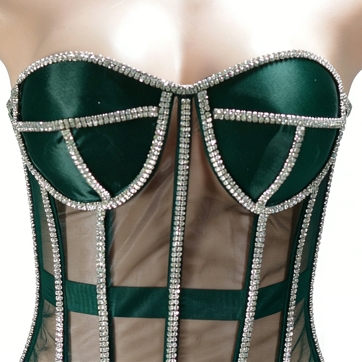 Adjustable Mesh Corset Bra with Diamond Decoration