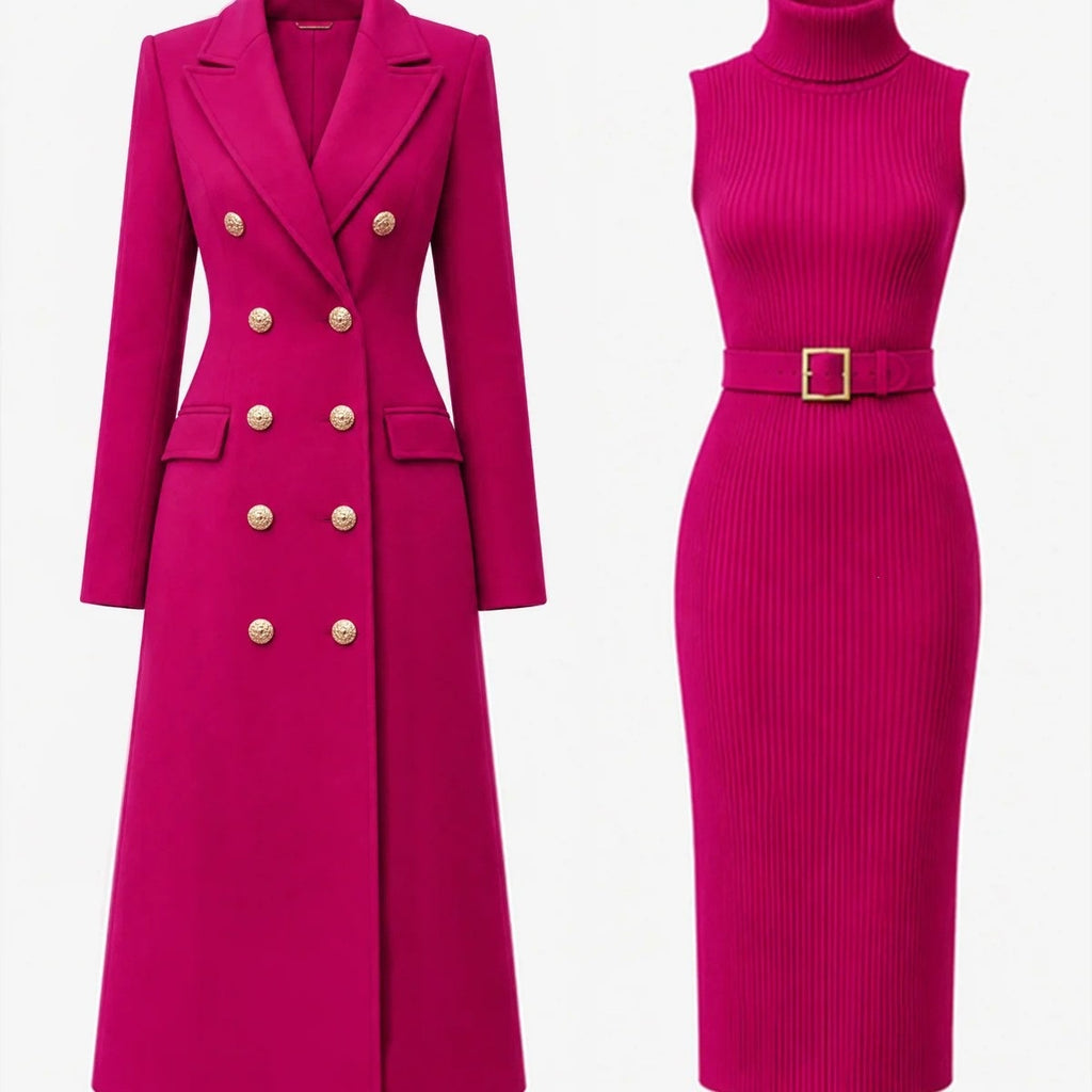Women's Double-Breasted Woolen Coat and Knitted Dress Two-Piece Set
