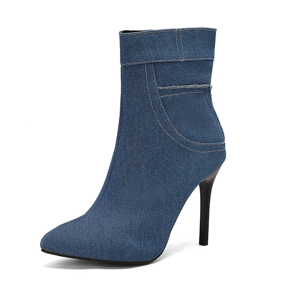 Women's Pointed Toe Stiletto Heel Faux Fur Warm Ankle Boots Side Zipper