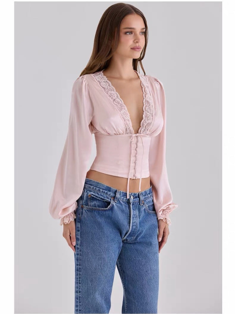 French Vintage Satin Lace Trim Blouse