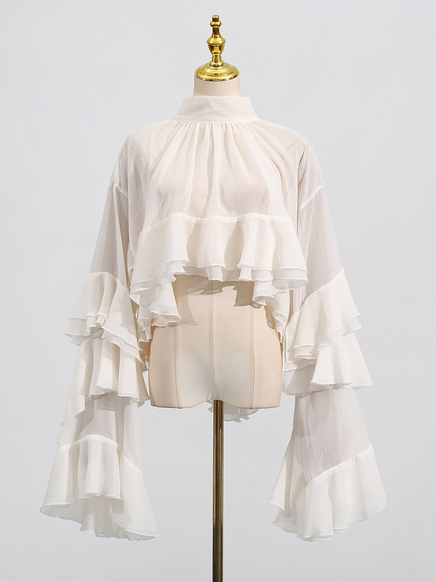 Elegant Mesh Ruffle Blouse with Bell Sleeves