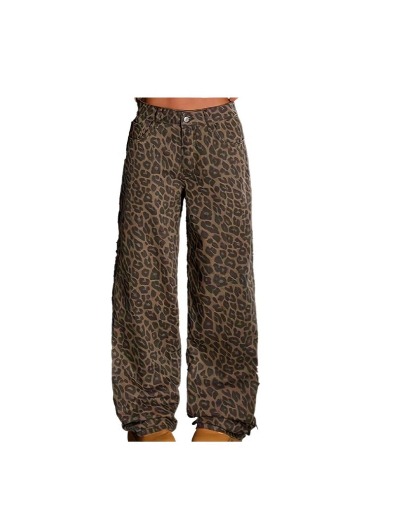 Leopard Print Vintage Washed High Waist Straight Denim Jeans