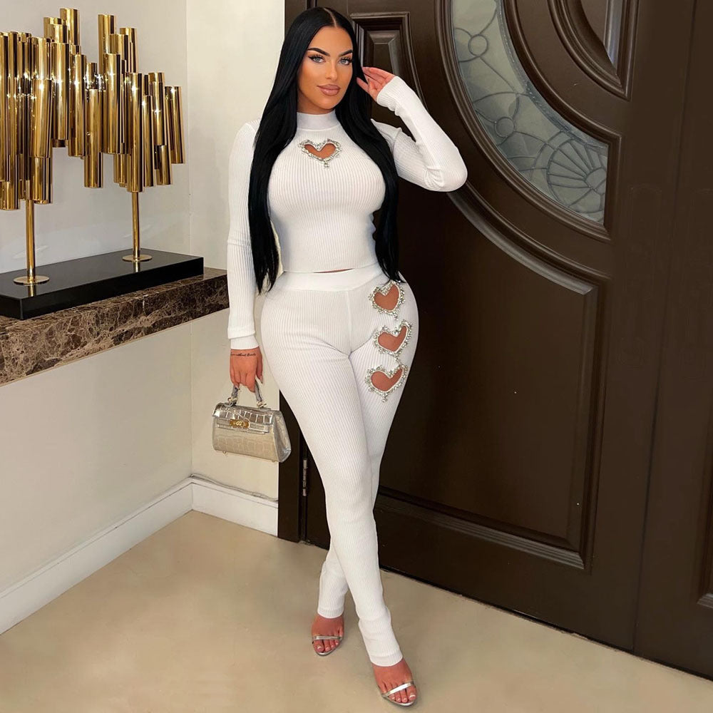 Women's Heart-Shaped Detail Solid Color Two-Piece Pants Suit