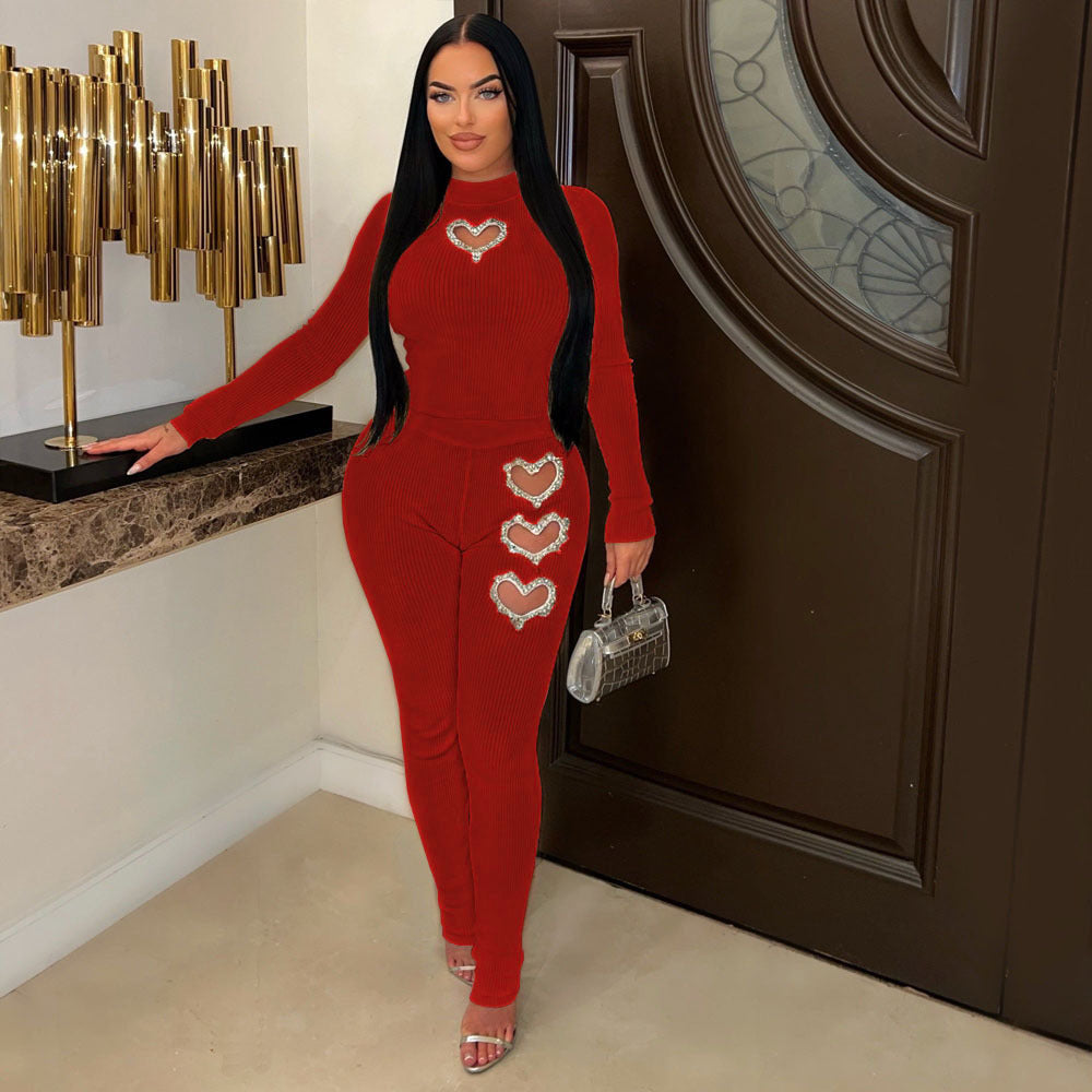 Women's Heart-Shaped Detail Solid Color Two-Piece Pants Suit